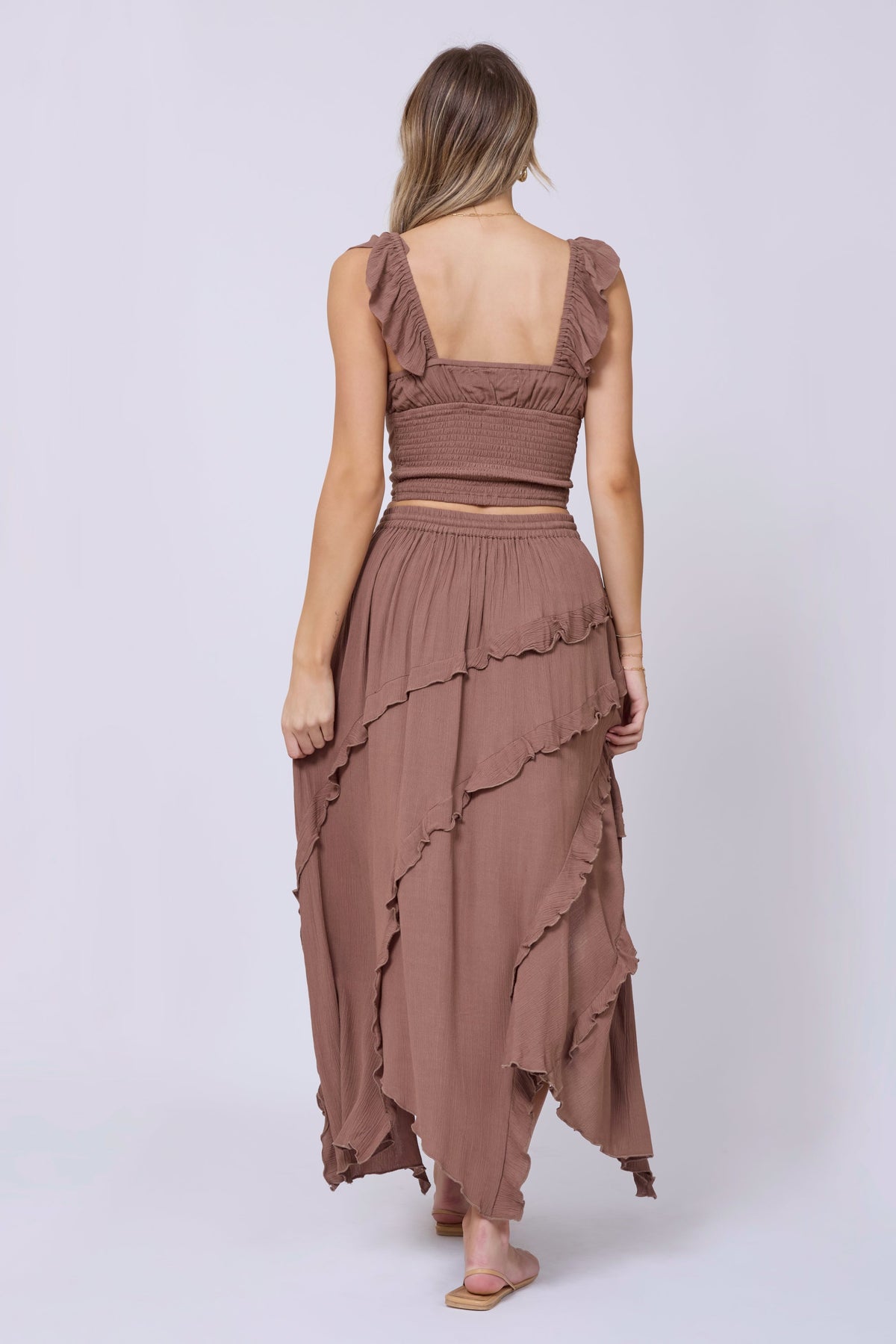 Washed Mocha Rayon Crinkle Flutter Sleeve Top | Vintage Havana
