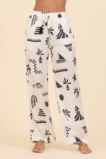 SURF Beach Vibe Printed Satin Wide Leg Pant | Vintage Havana