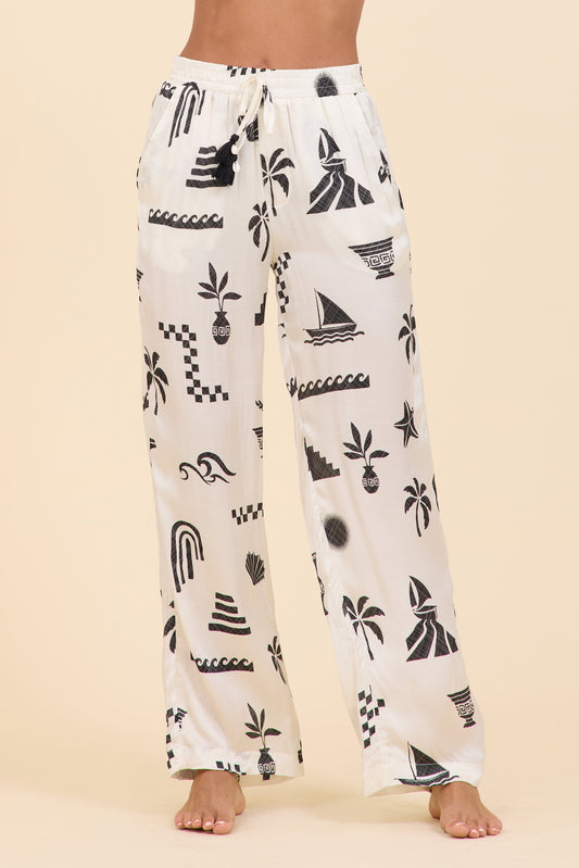 SURF Beach Vibe Printed Satin Wide Leg Pant | Vintage Havana